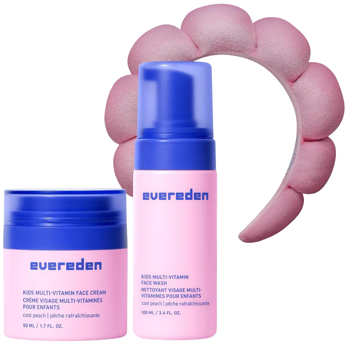 Evereden Kids Face Duo & Spa Headband Set – Multi-Vitamin Face Wash & Cream + Soft Terry Headband – Nourishing Skin Care & Fun Hair Management for Kids 3+ – Gentle & Perfect for Skincare Routine