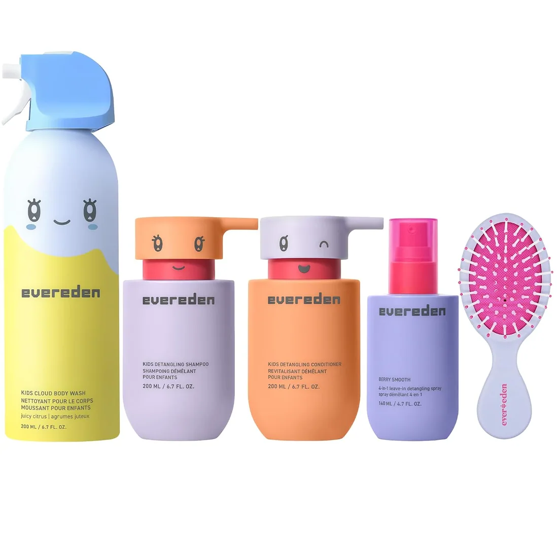 Evereden Kids Cloud Body Wash (6.7 fl. oz., Juicy Citrus) & Hair Care Set - Detangling Shampoo, Conditioner, Spray & Brush