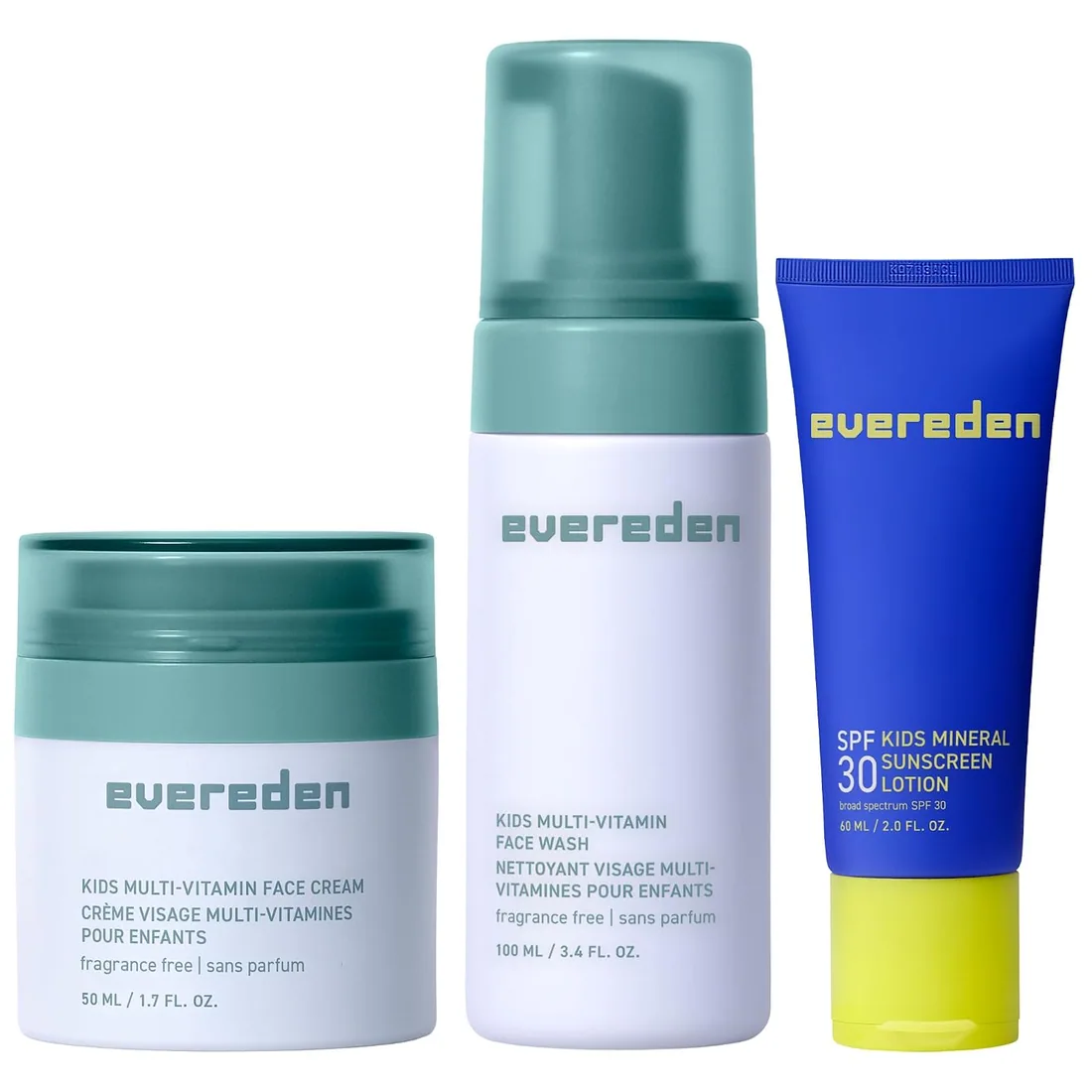 Evereden Kids Face Wash, Cream & SPF 30, Unscented Kids Skincare, Age 4+