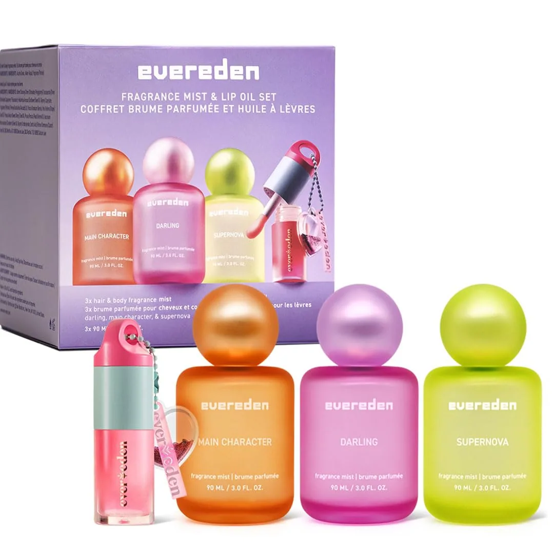 Evereden Kids Fragrance Gift Set, 3 Hair & Body Mists + Tinted Lip Oil